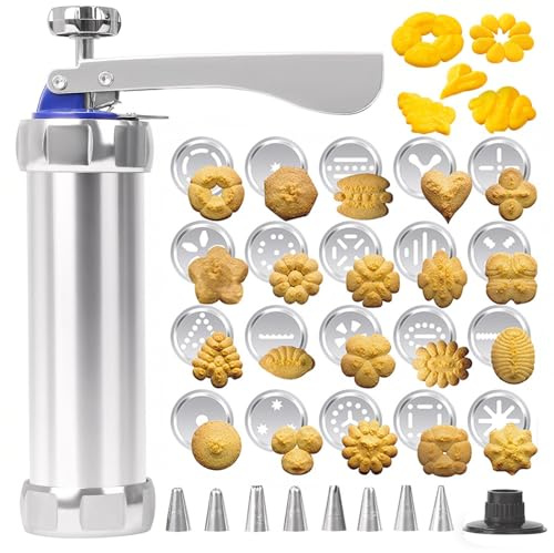Vartegas Gebäckpresse Kekspresse Spritzgebäck Presse mit 20 Schablonen 8 Edelstahl Tüllen Backspatel Reinigungsbürste Teigspritze Keksmaschine Gadgets zum Keksbacken für Kuchen Plätzchen