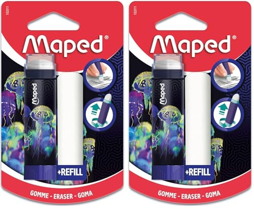 Maped - Gomme blanche Deepsea Paradise - Gomme Rétractable, Protégée et Efficace - Système Rotatif Hyper Pratique - 1 Recharge Incluse, Sans PVC ni Phtalate (Lot de 2)