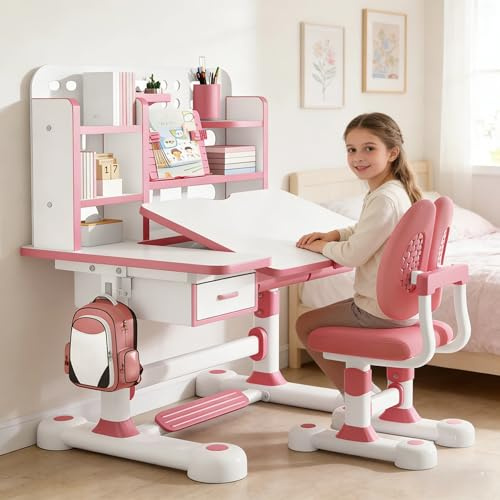 Conjunto de mesa y silla de estudio ajustable para niños - Mesa de estudio para niños - Escritorio de tareas - Escritorio grande reclinable - Caja de almacenamiento grande para niños y niñas - Rosa