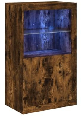 GeenYuu Beistellschrank mit LED-Leuchten aus Räuchereiche Holzwerkstoff 60,5x37x100 cm mit Stauraum, Tür, USB-Anschluss für Flur, Büro, Hauswirtschaftsraum, modernes Design