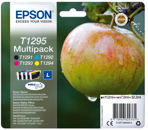 Epson Multipack T1295 Pomme, Cartouches d'encre d'origine, 4 couleurs : Noir, Cyan, Magenta, Jaune, WF-3010DW WF-3520DWF WF-7015 WF-7525 BX305F BX310FN BX320FW B42WD BX535WD BX630FW BX925FWD BX935FWD