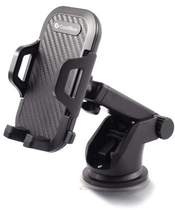 CoolBox CoolTelescopic - Soporte de Coche Universal para Smartphones hasta 5.7, Colocación Sencilla con Ventosa con Aro de Gel + Pinza para Rejilla de Ventilación. Sistema de Bloqueo y Extracción