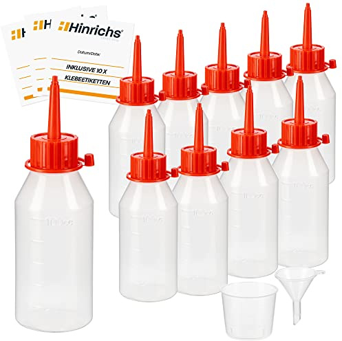 Hinrichs 10 x 100 ml Liquid Dropper Bottles with Funnel Measuring Beaker 10 Labels - Injection lock - measure store liquids - LDPE Material - Plastic Dropper Bottles