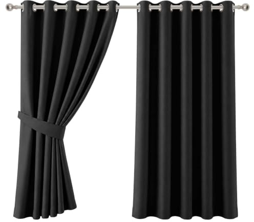 Aspire Homeware Eyelet Blackout Curtains Bedroom, Black 66x 72 1 pair | Eyelet Curtains for Living Room 72” Drop, Thermal Curtains for Living Room, Noise Energy Saving, 2 Panels with Tiebacks