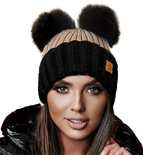 4sold Damen Wintermütze mit Zwei Pom Poms – weiche, warme Strickmütze Handmade in Polen, gefüttert mit Fleece – süße Beanie für Winter, Ski & Alltag
