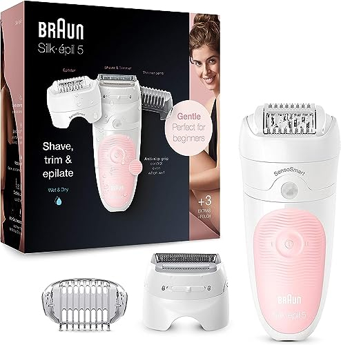Braun Silk-épil 5 Epilierer Damen für Haarentfernung / Haarentferner, Aufsätze für Rasierer, Trimmer und Massage für Körper, Tasche, 5-620, flamingo