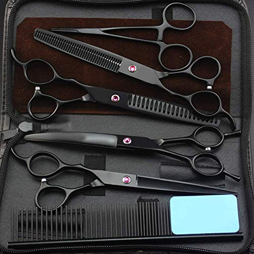 GAUCHER 7.0 Pouces Ciseaux De Toilettage Pour Animaux 4Pc Dents De Coupe Fixés Coupe Droite Ciseaux Os Poisson Toilettage Coupe Et Dilution Ciseaux Pour Chien Tondeuse,Noir,7 inch