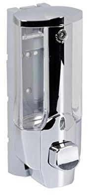 axentia Dispenser di sapone liquido ricaricabile, dosatore sapone da parete, erogatore in plastica cromata, ca. 7,5 x 19 x 8,5 cm, ca. 380 ml, bianco/trasparente