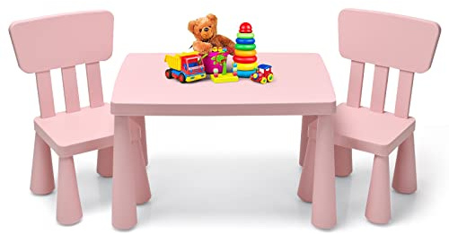 HONEY JOY Kids Table and Chair Set, Plastic Children Activity Table and 2 Chairs for Art Craft, Easy-Clean Tabletop, 3-Piece Toddler Furniture Set for Daycare Playroom, Gift for Boys Girls(Pink)