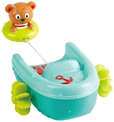 Hape Schlauchboot mit Rückziehmotor - Badewannenspielzeug, Pull-Back Boot und schwimmender Teddybär, Badespielzeug für Kleinkinder ab 18 Monaten