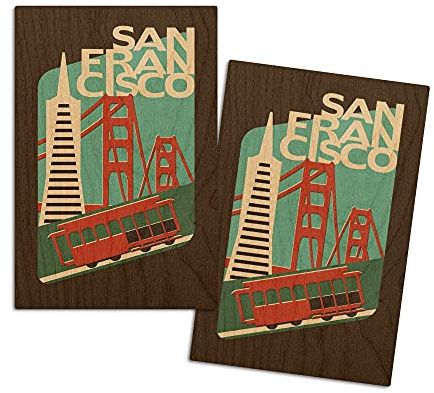 San Francisco, California, Woodblock, (4x6 Birch Wood Postcards, 2-Pack Stationary, Rustic Home Wall Decor)