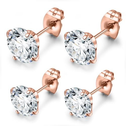day.berlin Ohrstecker White 18k vergoldet | 4er Set Damen Ohrringe mit 6mm + 8mm Zirkonia Kristallen, 316L Edelstahl nickelfrei und wasserfest