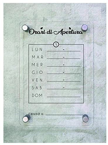 CARTELLO IN PLEXIGLASS SEGNALETICO - Orari di Apertura PERSONALIZZATI - Con Distanziali in acciaio inox e Stampa U.V. (21x30 cm)