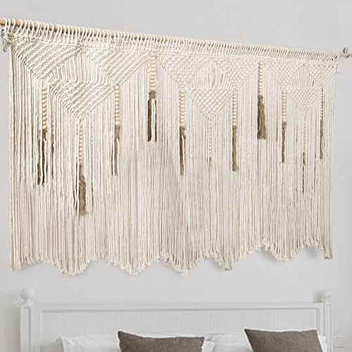 Extra Large Macrame Wall Hanging 70.8 × 39 Boho Tapestry Woven Decor- Cotton Tassel Curtain Beige Chic Bohemian Wall Art for Home Living Room Bedroom Dorm Wedding (Includes Rod)
