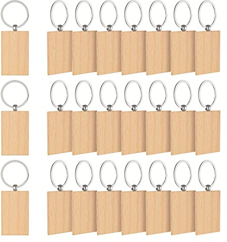 EFUTURETIME 24pcs Porte-Clés en Bois Vierge Personnalisé, Chaîne de clé Clair à graver pour Bricolage, Dessin, Décoration, DIY, Rectangulaire