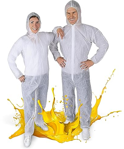 Paintbutler - PP-Schutzanzug mit Kapuze - Maleranzug - Einweg - Overall zum Schutz vor Farbspritzern, Baustaub, Glaswolle, Schmutz - Weiß… (M)