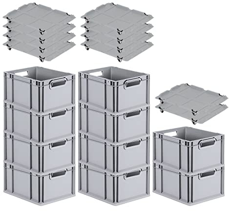 PROREGAL SparSet 10x Eurobox NextGen Grip mit Auflagedeckel & 4 schwarzen Schiebeschnappverschlüssen, HxBxT 22x30x40cm, 20 L, Grau, Griffe offen, Eurobehälter, Transportbox