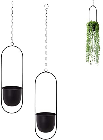 LIKEUDO 2pcs Black Metal Ceiling Hanging Plant Planters - Oval Modern Garden Décor