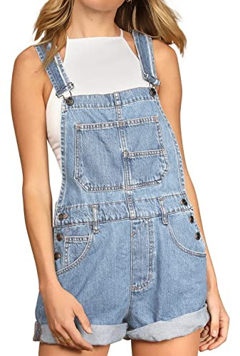 Talakeno Women's Casual Denim Bib Overall Shorts Adjustable Straps Cuffed Hem Shortall Rompers(Blue,M)