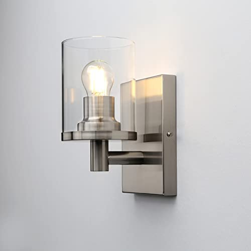PathsOn 1-Light Vintage Wall Sconce,Cylinder Glass Shade Wall Light Fitting for Bathroom Vanity Mirror Kitchen Living Room (Silver)