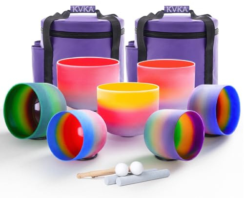 KVKA Kristall-Klangschalen Set, 7-12 inch 432Hz Regenbogen-Farben Quarz Chakra Sound Healing Klangschalen für Yoga Meditation Entspannung Stressabbau mit Tragetasche
