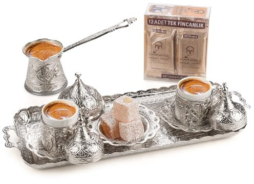 Alisveristime Service à café turc de qualité supérieure – Café turc pour 12 personnes, Cezve, tasses pour 2 personnes, bol et plateau (4 couleurs) (argent)