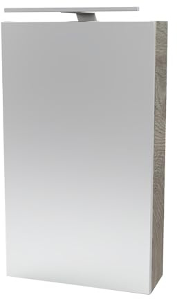 FACKELMANN Stanford Spiegelschrank mit LED-Beleuchtung – Alibertschrank für Bad und Gäste-WC (40 x 68 x 15,3 cm) – SBC Badschrank mit Spiegel in Holz Braun – Tür Links