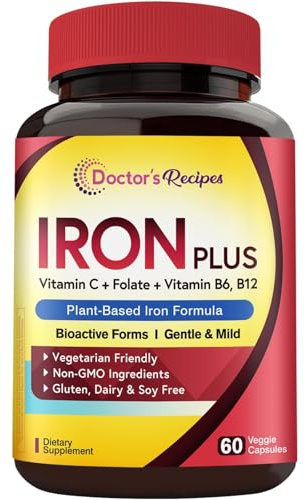 Doctor's Recipes Iron Supplement for Women Men - Gentle Iron Bisglycinate with Vitamin C, B6, Folate & B12, Stomach Friendly Iron Pills, 60 Vegan Caps