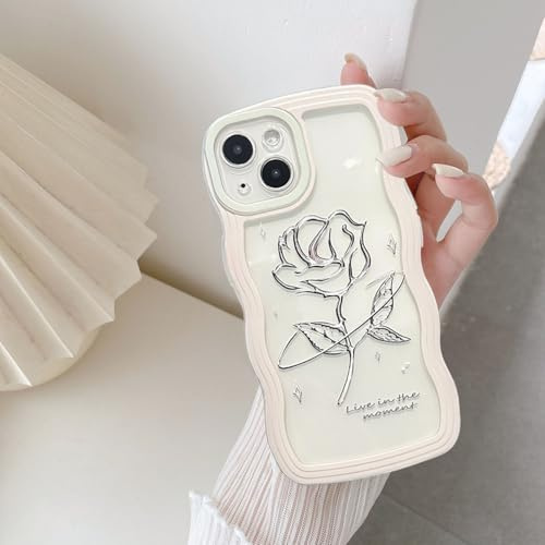 UEEBAI Hülle für iPhone 13 6.1 inch, Wellen Rahmenform Silikon Stoßfeste Schutzhülle Anti-Kratzt Rückseite TPU Bumper Cover für Mädchen Frauen Handyhülle für iPhone 13 6.1 inch - Weiße Rosen