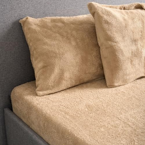 Bravich Teddy Fleece Fitted Sheet - King Size Bed. Warm Fitted Sheets With Fluffy Teddy Bear Fleece. Single Pack Bed Sheet For Single, Double, King & Super King Bedding - Beige, King Size