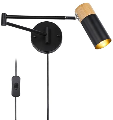 INJAK Modern Swing Arm Spotlight Black Plug in Wall Lamp Sconce E27 Wall Lights with Cord and Switch Industrial Wood 360 degress Rotation Wall Mounted Fixture Reading Lights
