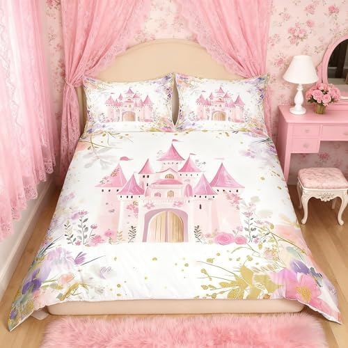 Manfei Pink Castle Kid Duvet Cover Set King Size, Watercolor Flower Bedding Set for Girl Princess Bedroom Decor, Fairy Tale Garden Floral Comforter Cover, Soft Polyester Quilt Cover, 2 Pillowcases
