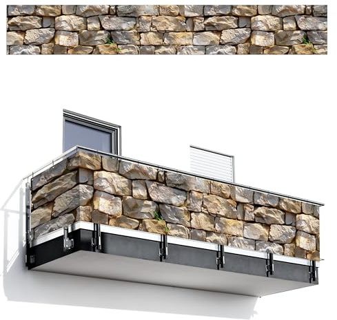 MuchoWow© Sichtschutz/Balkon Einseitig 75x500 cm Groß PVC Terrassen Garten ohne Bohren Wetterfest Gartenzaun Terrasse Balkonschutz Garten Deco Balkonomrandung Steine - Steinoptik - Grau - Pflanzen