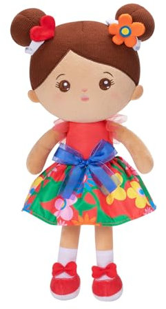 OUOZZZ Baby Puppe, Weiche Stoffpuppe Mädchen mit Brauner Hautd, Stoffpuppen Kuschelpuppe für Kinder ab 3 Monaten - Baby Geschenk zur Geburt Mädchen Jungen, 33cm