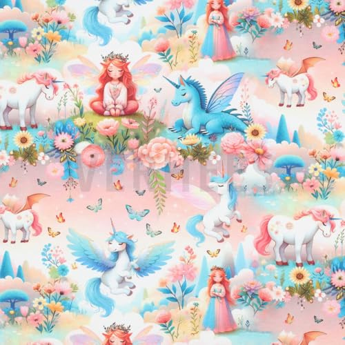 Princess Unicorns, Strickstoff, T-Shirt-Stoff, 100 % Baumwollstoffe, Meterware, 1 Meter x 140 cm