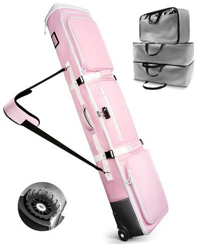AUROTIER Bolsa acolchada para esquís y snowboard de 10 mm con ruedas y cerradura de combinación TSA para viajes aéreos, 3 bolsas de TPU con cremallera, almacenamiento flexible para tablas de