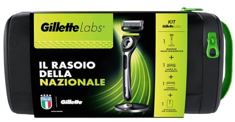 Gillette LABS Rasoio Uomo, Con 2 Lamette Gillette LABS Con Barra Integrata, Base Magnetica, Crema Idratante Viso e Barba, Custodia Da Viaggio, Grigio, Rasoio Manuale, Lamette da Barba Autentiche