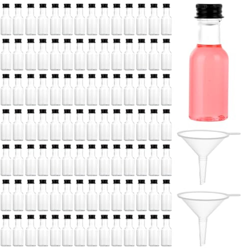 ZOFUN 100 Stück Mini Fläschchen zum Befüllen, 25ml Mini Shot Fläschen Kunststoff, Wiederverwendbar Plastik Schnapsflaschen mit 2 Trichter für Hochzeit, Party, Kunst, Hochzeiten Party