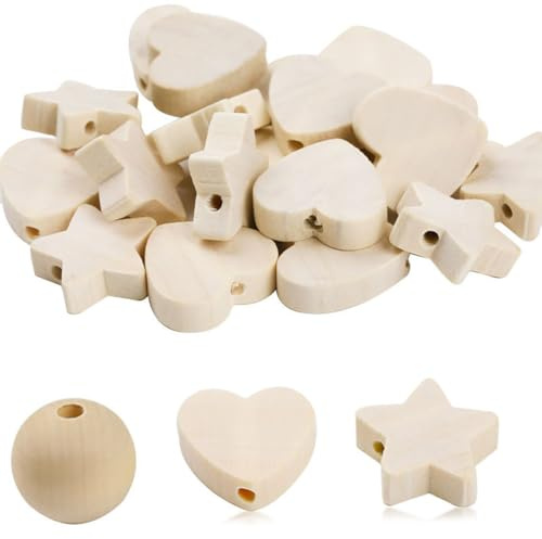 ThaiRoot Holzperlen zum Auffädeln – 90 Stk Set mit 30x Herz, 30x Stern & 30x Rund – 20 mm Holzkugeln mit Loch, unbehandelte Naturholz-Perlen für DIY-Schmuckherstellung, Basteln & Deko