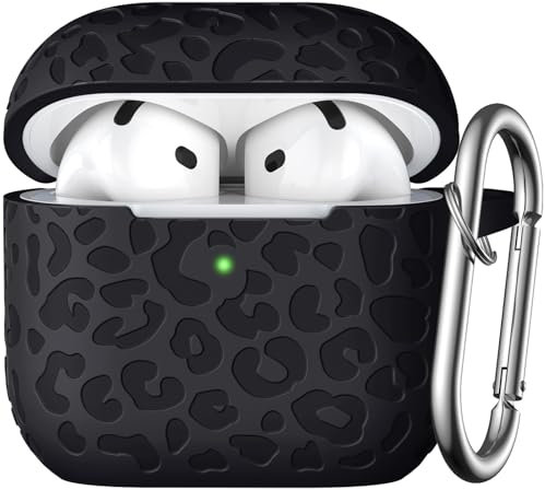 DGege Funda Protectora de Silicona Suave para AirPods 4 con Grabado de Leopardo para Apple AirPods de 4ª generación para Mujer, Bonita Funda para AirPod 4 con Llavero (Negro)