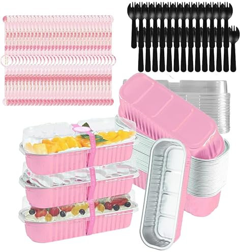 30Set Mini Loaf Cake Cases 200ML, Mini Loaf Tins with Lids and Spoons Aluminum Foil Baking Pans with Sealing Sticker for Bread Cake Wedding Birthday Picnic Party (Pink Silver)