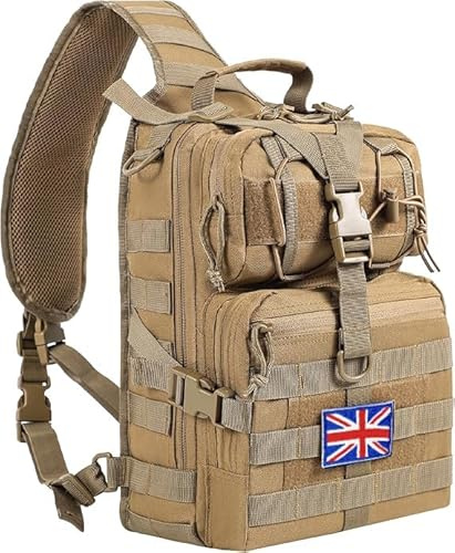 TRAILKICKER 15L Tactical Laptop Backpack Military Molle Army Assault Pack 3 Day Bug Out Bag Hiking Treeking Camouflage Hunting Backpack for Men w/United Kingdom Flag Patch - Khaki