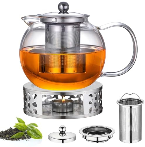 GBKDQQ 1.3L Teekanne mit Siebeinsatz und Deckel, Teekanne aus Glas Borosilikat, Glas Teebereiter mit Abnehmbare Siebeinsatz & Stövchen, Glasteekanne für Losen Tees Fruchttee Duftender Tee