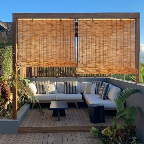 Bamboo Roll up Shades for Patio 40 50 60 70 80 90 100 110 120 130 140 150 160 170cm Breathable Natural Roman Blinds for Windows Waterproof Outdoor Reedcurtains with Lift Sun Protection Privacy Screen(