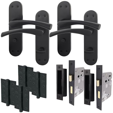 EAI Black Bathroom Door Handle Set - 2 Pairs Matt Black Bathroom Handles on Backplate with Lock 64mm & Hinges 76mm - Novoli Range