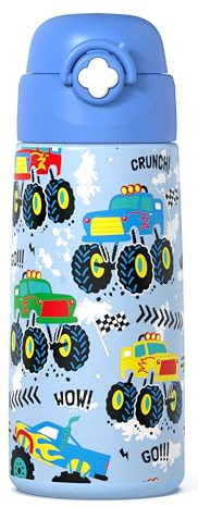 Ntswasd Monster Truck Trinkflasche Kinder Edelstahl Strohhalm-Thermosflasche 500ml -BPA frei-Auslaufsicher-Thermo Wasserflasche für Schule, Kindergarten