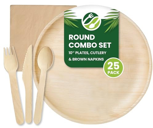 Eco Leaf 125pcs Disposable Palm Leaf Plates, Wooden Cutlery Set, Brown Napkins – 25 Large Round Plates, 25 Forks, Knives, and Spoons, 25 Brown Napkins – Eco-Friendly, Suitable for Parties