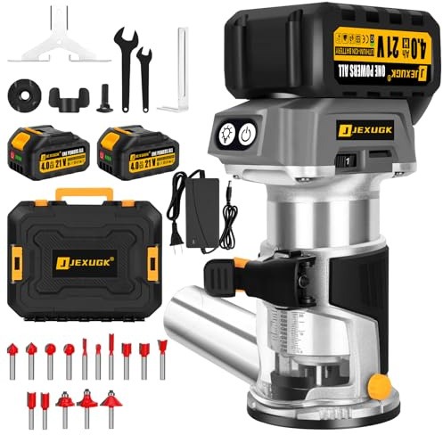 JEXUGK Brushless Cordless Wood Router, 21V Compact Trimmer Palm Router with 2x4.0Ah Battery, Portable Small Ruteador Para Madera 6 Speed with 15 PCS 1/4 Bits, Fresadora Para Madera for Woodworking