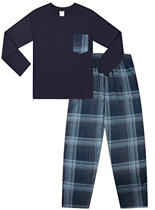 ThePyjamaFactory Boys Navy Blue Long Tartan Check Bottoms Pyjama Set Pjs For Kids (13 Years)