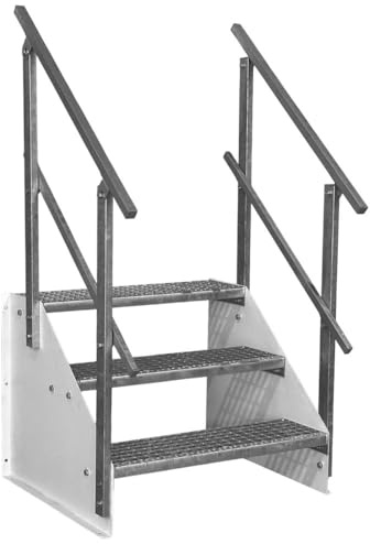 SRM Design 3 Stufen Standtreppe M1 Breite 160cm weiß 2X Geländer | Höhe 63cm freistehend Stahltreppe Wangentreppe Gitterrosttreppe Außentreppe Industrietreppe
